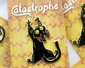 Catastrophe! Hard Enamel Gold Lapel Pin // black cat hanging
