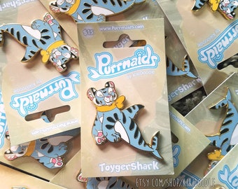 Purrmaid Toygershark Tiger Shark Mermaid Cat Hard Enamel Gold Lapel Pin