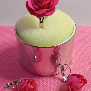 Cold porcelain rose jewelry SET (earrings and ring), Polymer clay jewelry, Pink rose earrings and ring set