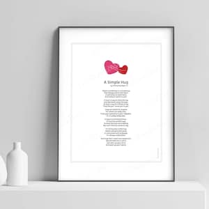 Un poema de abrazo sencillo para imprimir y descargar • Arte de pared con abrazo de corazón rosa y rojo • Poesía de amor • Regalo de amistad