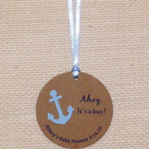 Gender Reveal Personalized Gift Tags, Babyshower Blue Anchor Tags, Favor Gift Tag, Ahoy! It&#39;s A Boy Nautical Round Tags, Kraft Gift Bag Tags