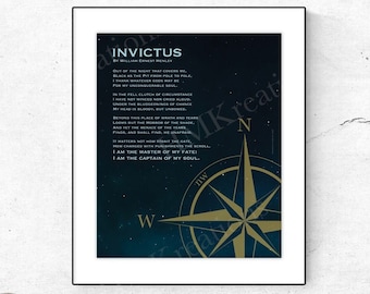 Poema Invictus imprimible, Arte de la brújula del cielo nocturno (Descarga digital)