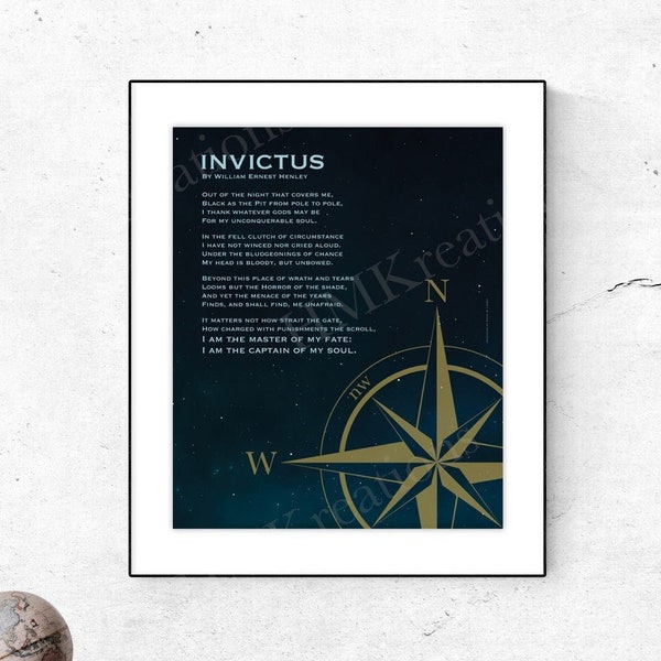 Motivational Wall Art Poem Print, Compass Poster, Framable Printable Invictus Poem Digital DOWNLOAD, Master of My Fate Graduation Gift Decor