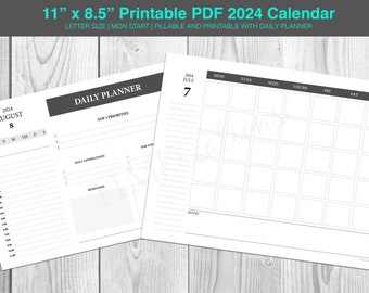 Calendar 2024 Planner | 2024 Simple Printable Daily Planner | Fillable PDF Calendar Digital Download | Horizontal Letter Size Planner Pages