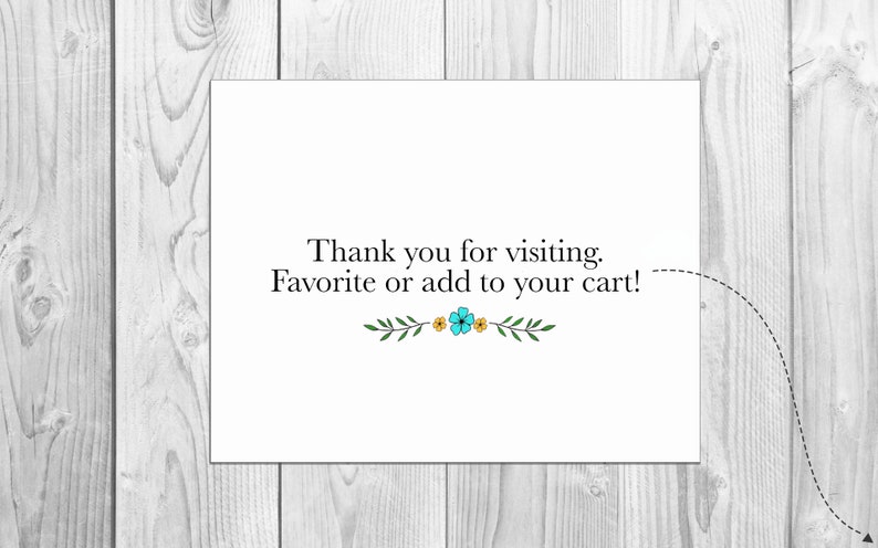 Puede incluir: Tarjeta blanca con el texto "Gracias por visitar. &iexcl;A&ntilde;ade a favoritos o al carrito!" con un dise&ntilde;o floral verde debajo del texto.