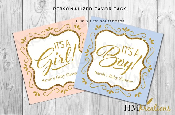 Personalized Gender Reveal Favor Tags, Gold Glitter, Elegant Baby Shower Decor