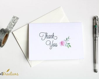 Simple Thank You Cards for Wedding | Handmade Gratitude Cards | Blush Pink Watercolor Rose Card Set of 10 | Modern Minimalist Note Cards