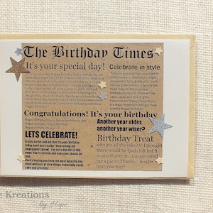 Birthday Blank Card The Birthday Times Newspaper Style with Gold and Silver Stars image 1