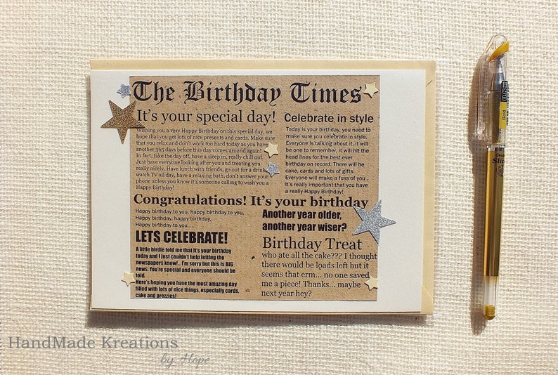 Birthday Blank Card The Birthday Times Newspaper Style with Gold and Silver Stars image 1