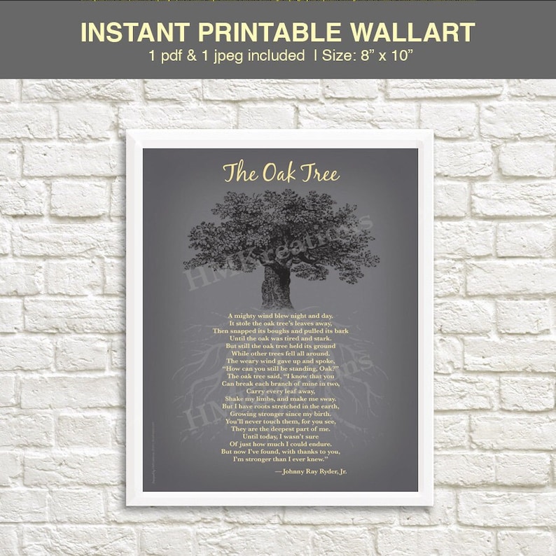 The Oak Tree Poem Printable, Mighty Oak Tree of Life Print, Inspirational Nature Wallart, Strength Poem Poster Decor, Digital Tree DOWNLOAD image 1