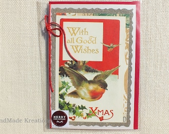 Handmade Christmas Greeting Sparrow Card • All Good Wishes Merry Christmas Card • Flying Winter Birds X-Mas Card • Old Style Christmas Card