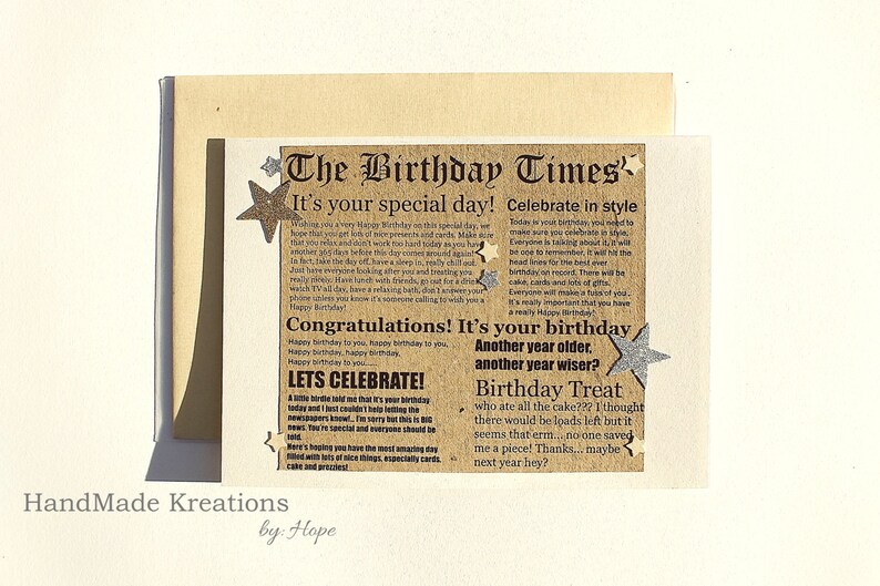 Birthday Blank Card The Birthday Times Newspaper Style with Gold and Silver Stars image 2