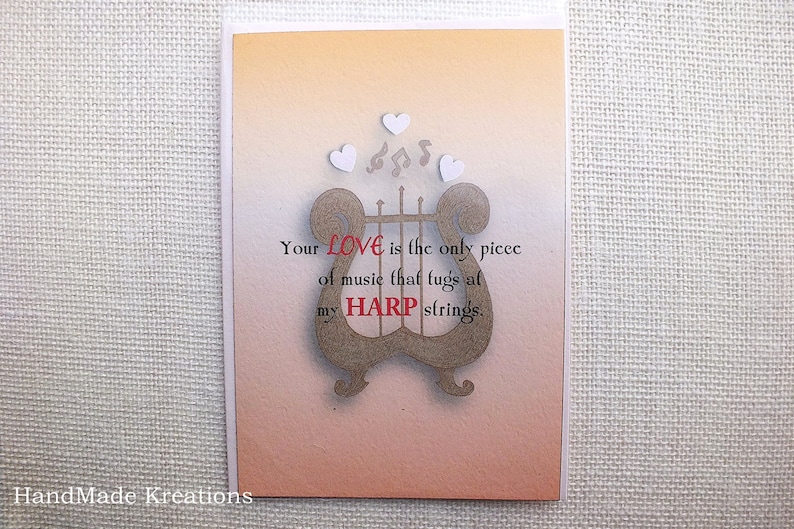 Harp Valentines Day Card Music Lover Gift 4.5x6.5 Cute Blank Love Card