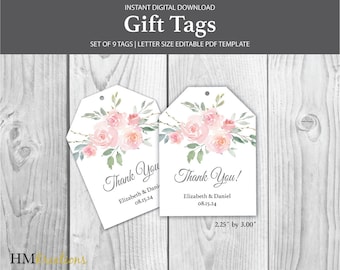 Floral Blush Pink Roses Thank You Tags, Printable Editable (Digital Download)