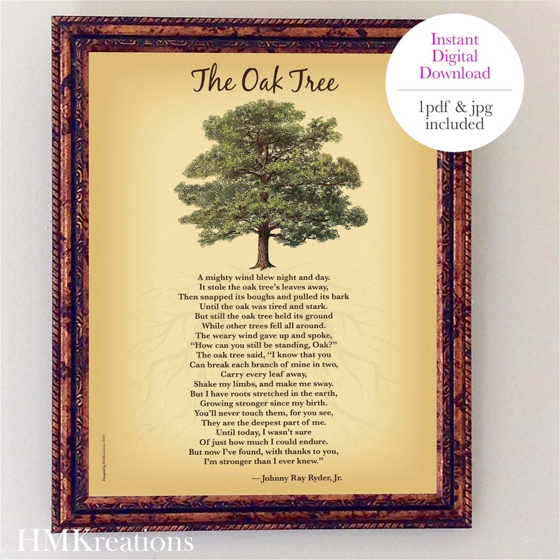 Digital Oak Tree Poem Art Print Inspirational Tree of Life Wall Art Printable Nature Lover Decor Gift DOWNLOAD Strength Symbolism Gift image 1