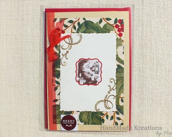 Santa Christmas Handmade Card • Christmas holly Santa Claus Season Greetings Card • Holly Berry 5x7 Card • Holiday Card • Xmas Paper Card