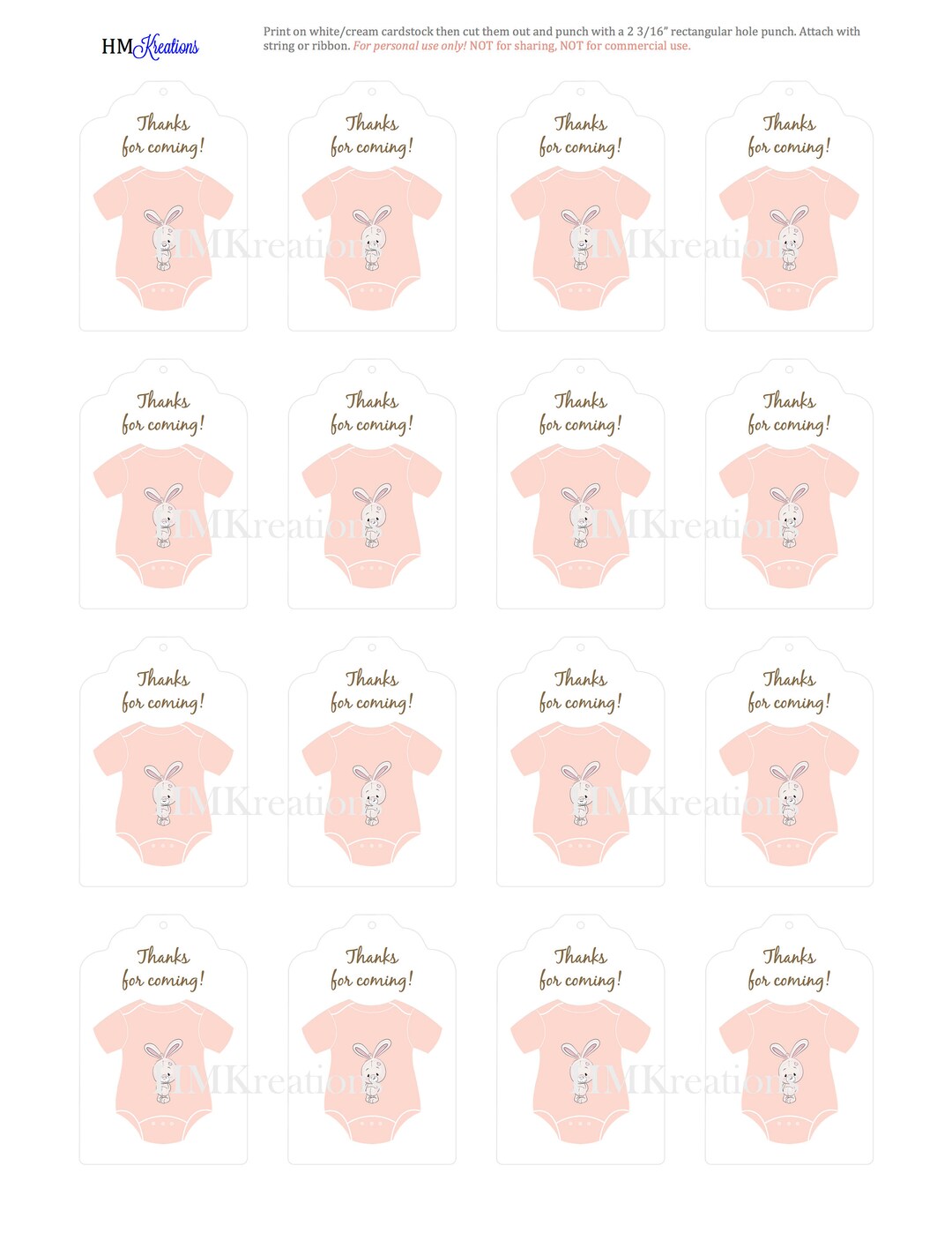 DIY Printable Baby Shower Template, Onsie Thank You Gift Tags PDF, Girl ...
