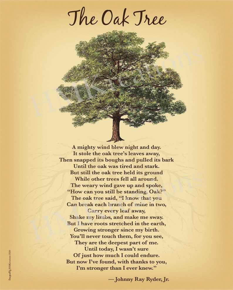 Digital Oak Tree Poem Art Print Inspirational Tree of Life Wall Art Printable Nature Lover Decor Gift DOWNLOAD Strength Symbolism Gift image 2