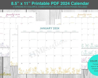 2024 Digital Floral Calendar Planner • Landscape Minimalist Calendar 2024 Printable for Wall • Sunday Start • Agenda Monthly Calendar Pages