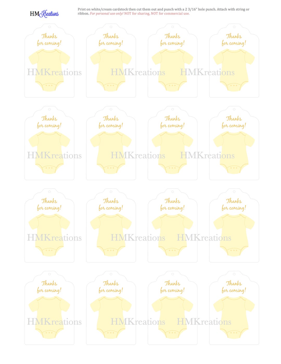Printable Baby Shower Onesie Tags Gender Neutral Yellow One Piece Thank