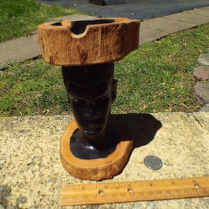 VintageHand Carved African Man bust Statue- Dark Ebony  Wood and Natural Wood Ashtray on Top