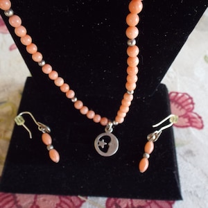 Vintage Genuine Natural Pink Angel Skin Coral Bead With Sterling 925  Moon and Stars Necklace with Coral Pierced  Earrings