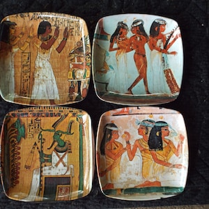 1970-Decorative Crafts-Melamine 4 Egyptian Plates Trinket Trays-Osiris God of Underworld