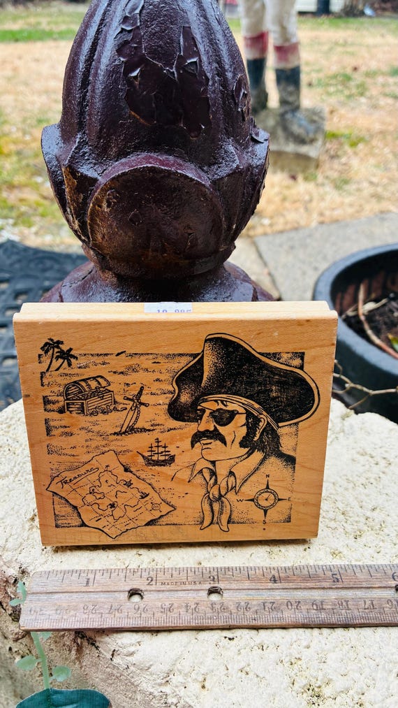 Rare Wood Mounted  Rubber Stamp with Pirate Treasure Map Ship Compass Sward Treasure Chest- Creative Impressions- Ink Stamping