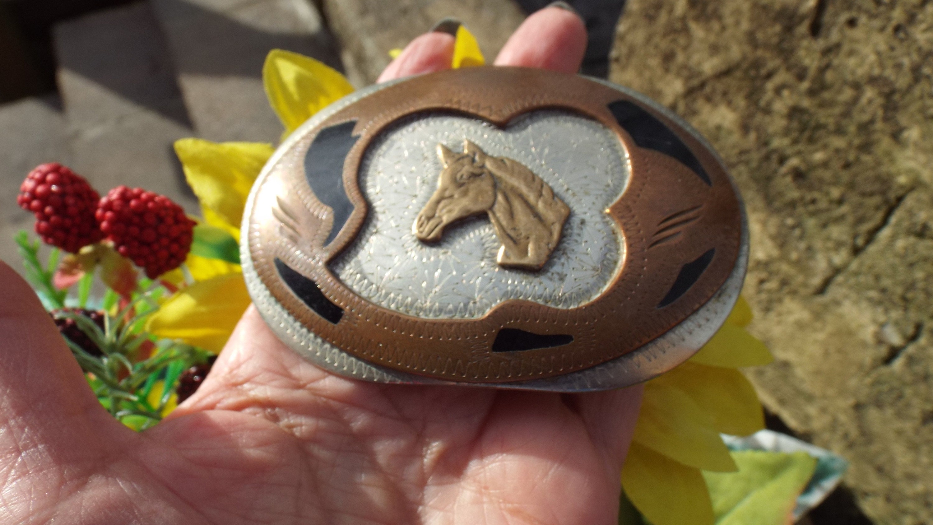 Classic Vintage  Nickle Silver With Brass And Black Enamel Horse Head Belt Buckle