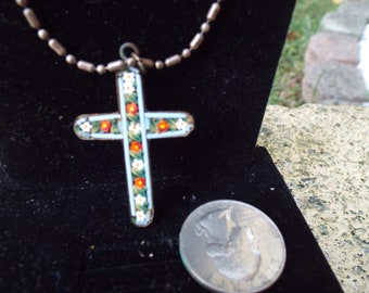 Vintage Micromosaic Sterling Silver Cross and Chain,Gift for Her,Micromosaic Crucifix,Vintage Micromosaic Cross,Gift for best friend