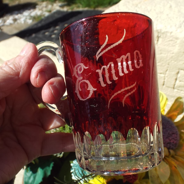 Antique EAPG Souvenir Ruby Flash Glass Handled Mug-  Emma Atlantic City