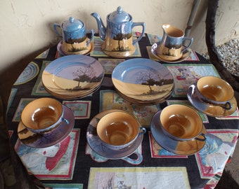 Vintage Japan Hand Painted Lusterware 21 Piece  Tea Set/Tea Pot/ Creamer/Sugar/ Plates/Cups and Saucers -Unused Luster Ware