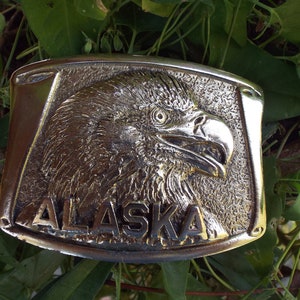 Bold Brass Bald Eagle- ALASKA Belt Buckle Made by SANCHEZ 1984 Denver Colorado