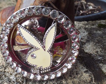 NWOT Y2K Rhinestone Bling Chrome Playboy Bunny Spinner Belt Buckle & White Belt Y2K Playboy Bunny Spinner Rhinestone Bling | Mercari main image 3