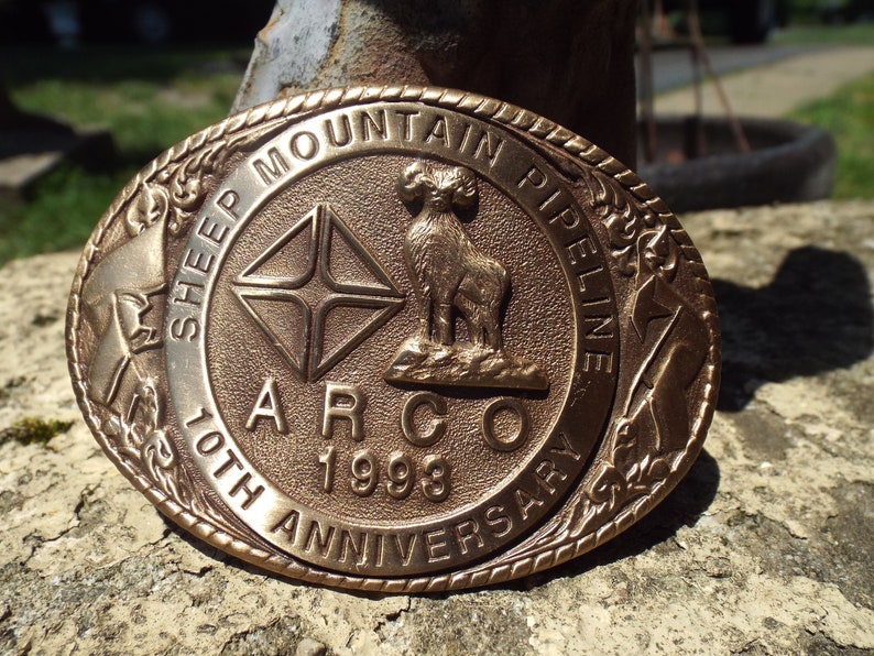 Classic Vintage 1993 Sheep Mountain Pipeline 10TH Anniversary ARCO Badge Belt Buckle image 1