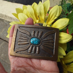 Vintage Southwest Boho Faux Turquoise Brass  tone Metal Belt Buckle