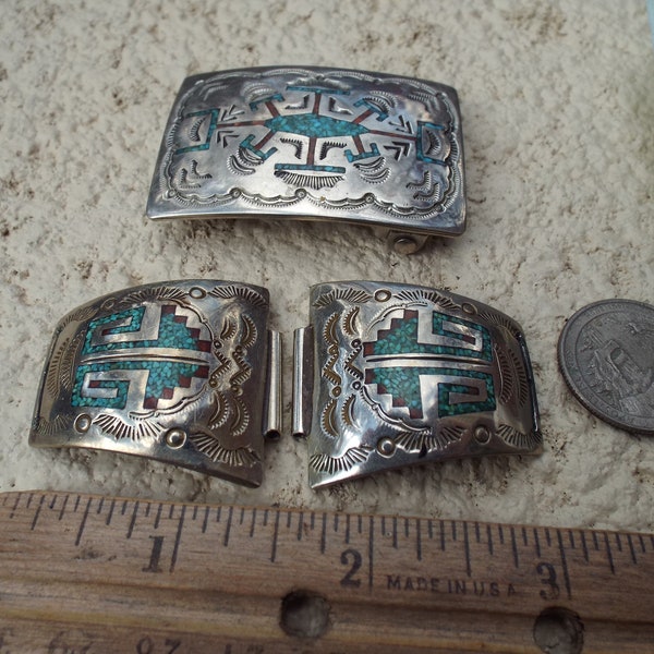 Navajo Nakai Family Nickel   Silver Coral and Turquoise Chip Inlay Belt Buckle  And Watch Tips with COA