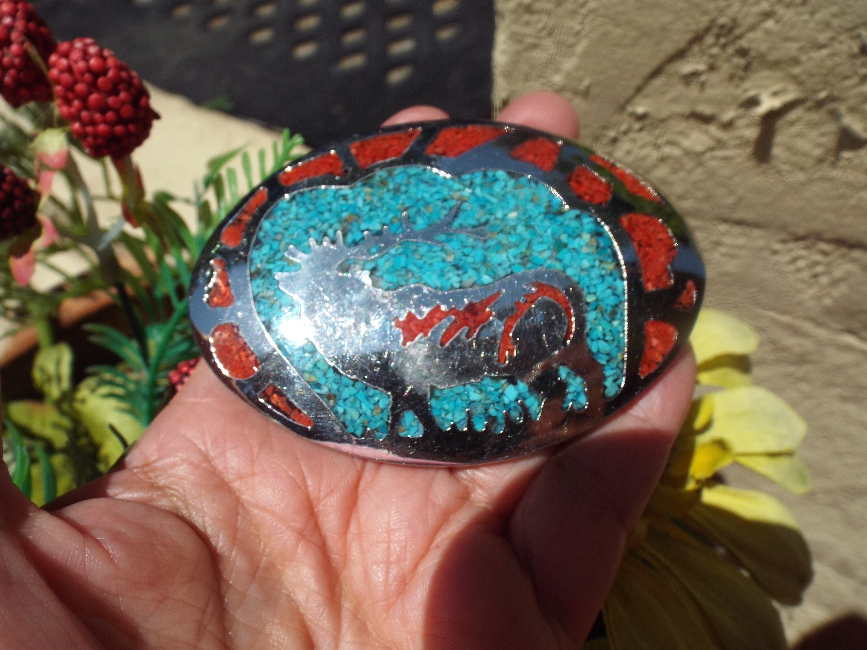 Vintage Silver Tone Elk/buck Deer Belt Buckle With Turquoise  display picture 1