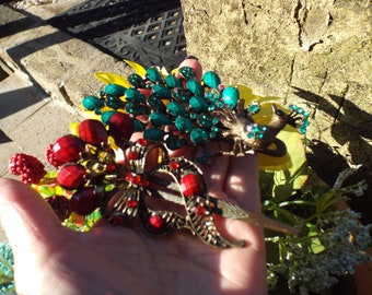 2 Large Gorgeous Sparkling Ravenous Red and Blue/Green Peacock with  Rhinestone's Hair Barrette- Hair Clip