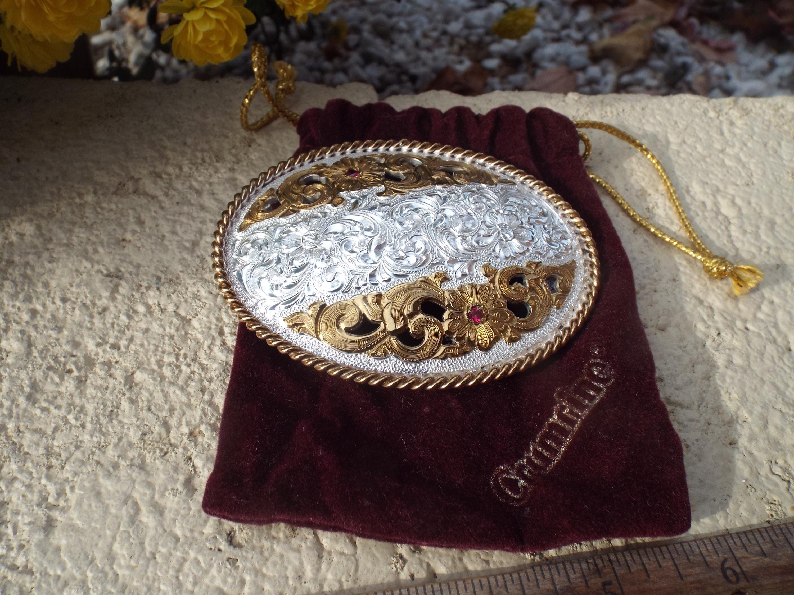 Vintage 80s Crumrine Belt Buckle 22K gold Over Sterling Silver Floral 89.9 grams Crumrine Buckle Indiana Collectible Western Americana Belt  main image 2