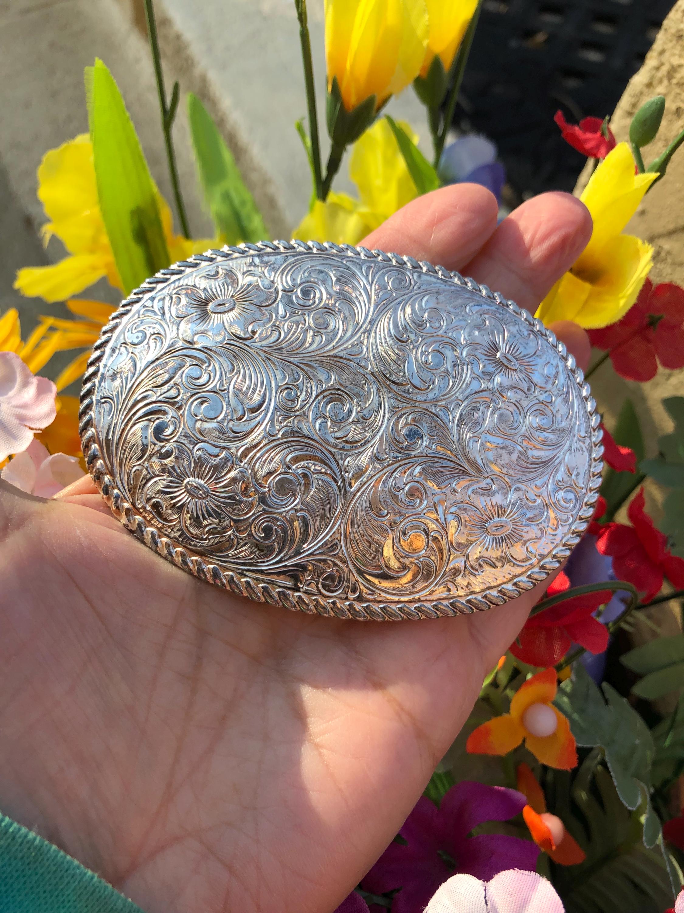 Crumrine Gold Tone Ruby Buckle Jewel Floral Heavy Silver Plate On Bronze USA VTG Classic Vintage Crumrine Jewelers and Silversmiths Native  main image 3