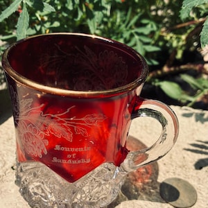 Antique Ruby Stained Glass Mug Heart Band Souvenir SANDUSKY McKee #139 EAPG 1897