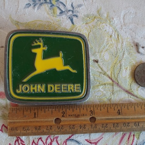 John Deere Enamel Belt Buckle -Green Yellow-Silver Tone Made USA- Paul Frank