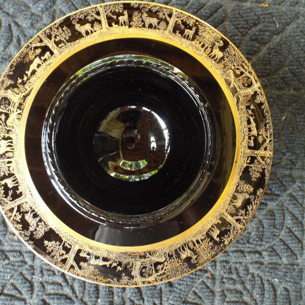 Tiffin U S Glass Deerwood or Birch Tree Console Bowl Ebony Gold Encrusted 1920-1930