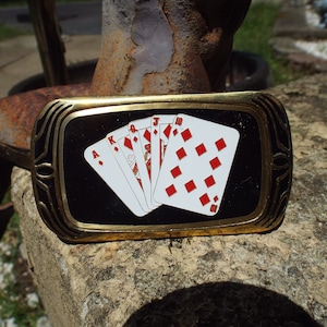 Classic Vintage Sexy Royal Flush Playing Cards  1983 Brass Belt Buckle Old New Stock