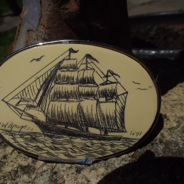 Classic Vintage Etching Tall Ship Boating Nautical Belt Buckle