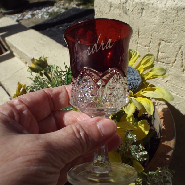 Antique EAPG Souvenir Ruby Stained Cordial Glass Souvenir of SANDRA 1957