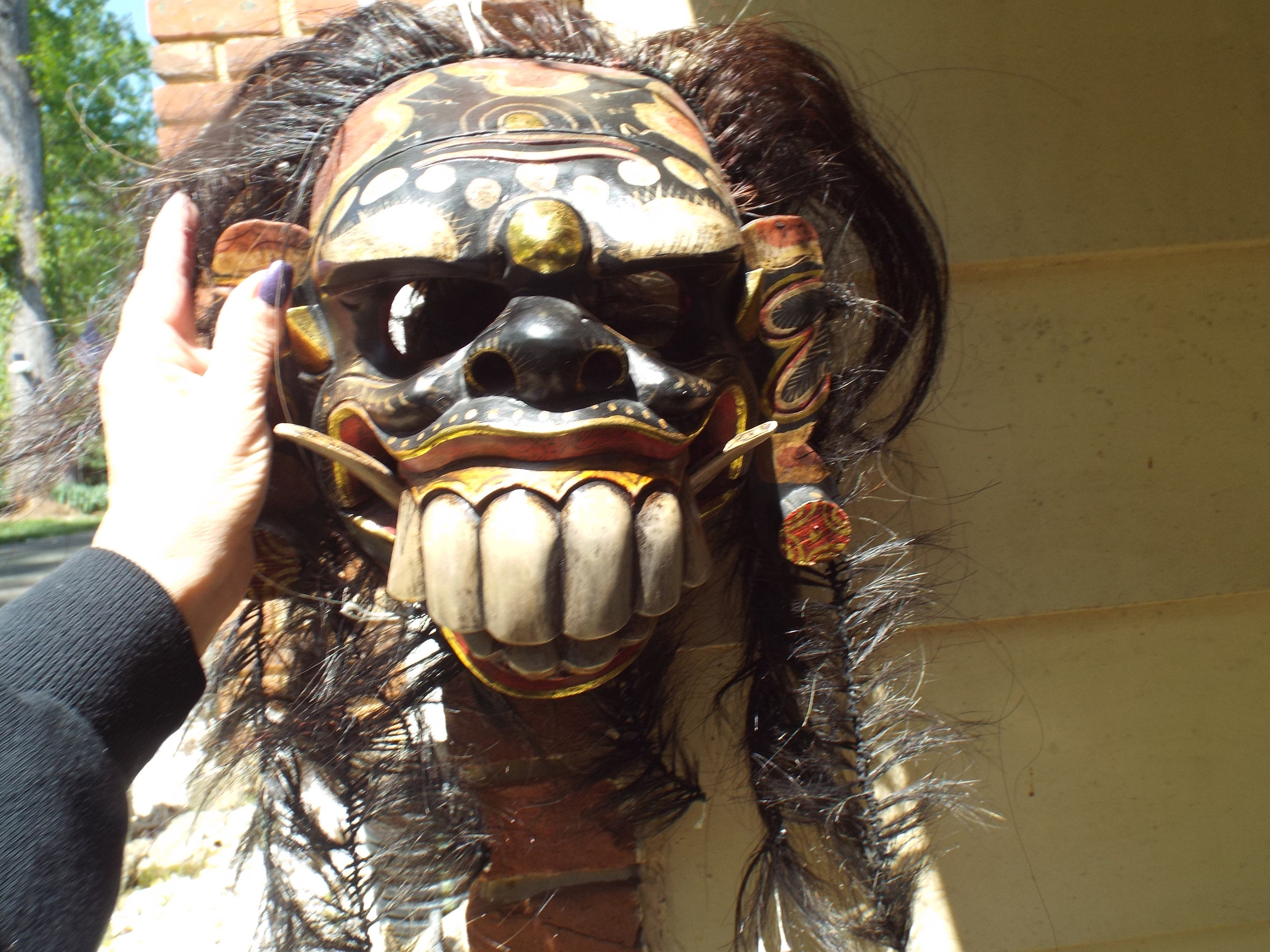BALINESE Carved Wood Art Mask Barong Randa Indonesian Hand