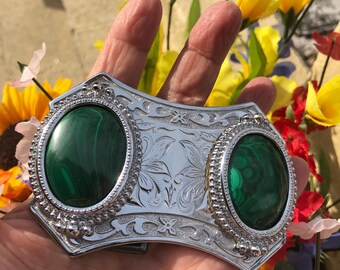 Natural Malachite Stone Belt Buckle: Gold & Black Metal  display picture 3