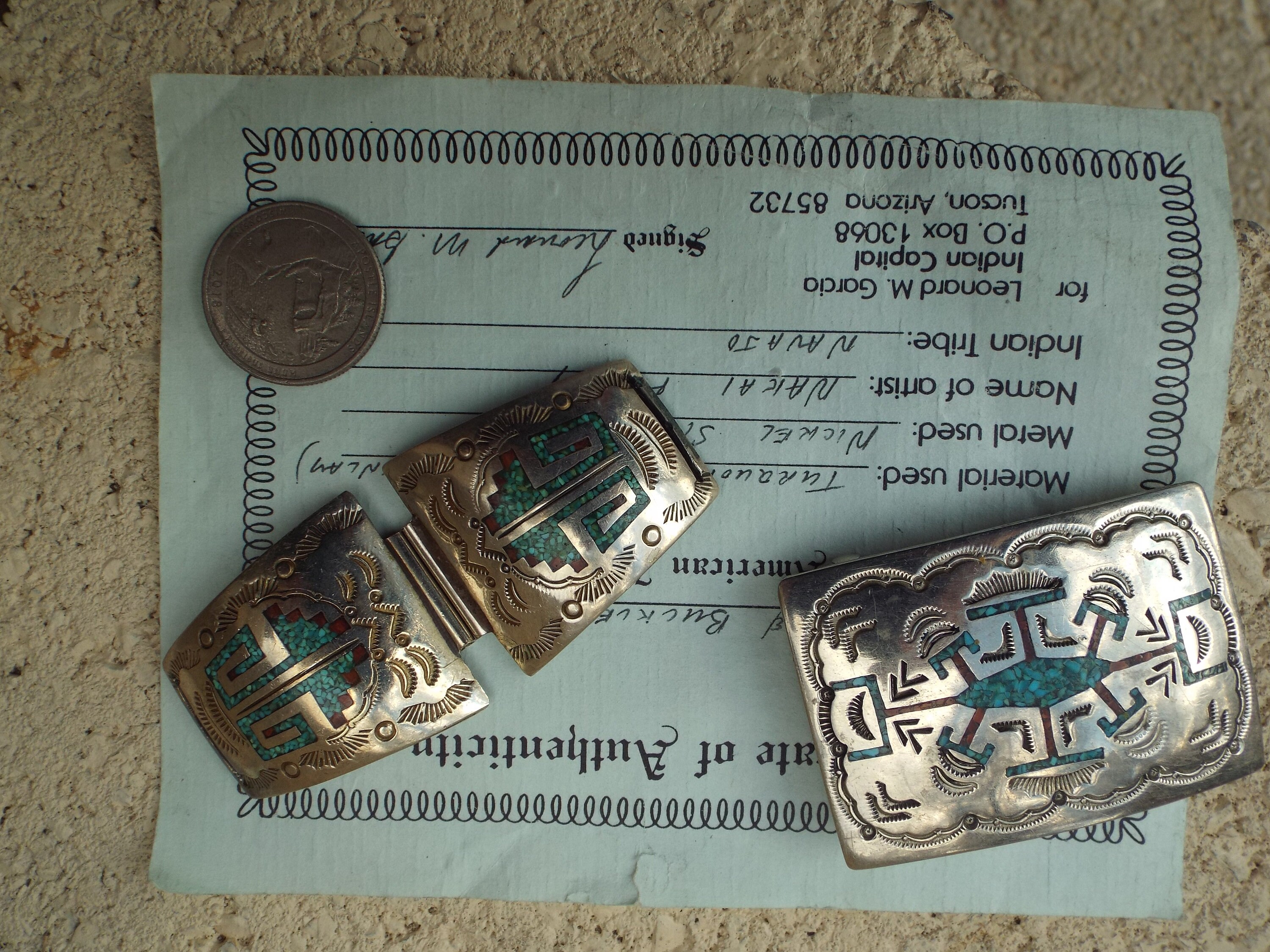 NAKAI Silver Turquoise and Coral Belt Buckle Indian Navajo Vintage NAKAI Native American Art Turquoise Coral Inlay  main image 2